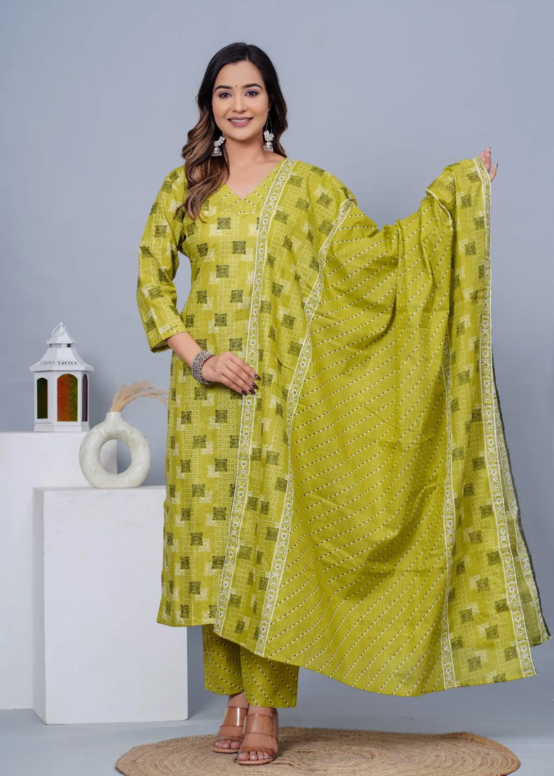 Women Stylish Cotton Kurta With Pant And Dupatta Set
