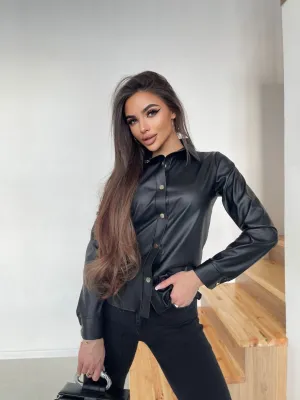 Women's Eco Leather Shirt Black Stylish Women Clothing