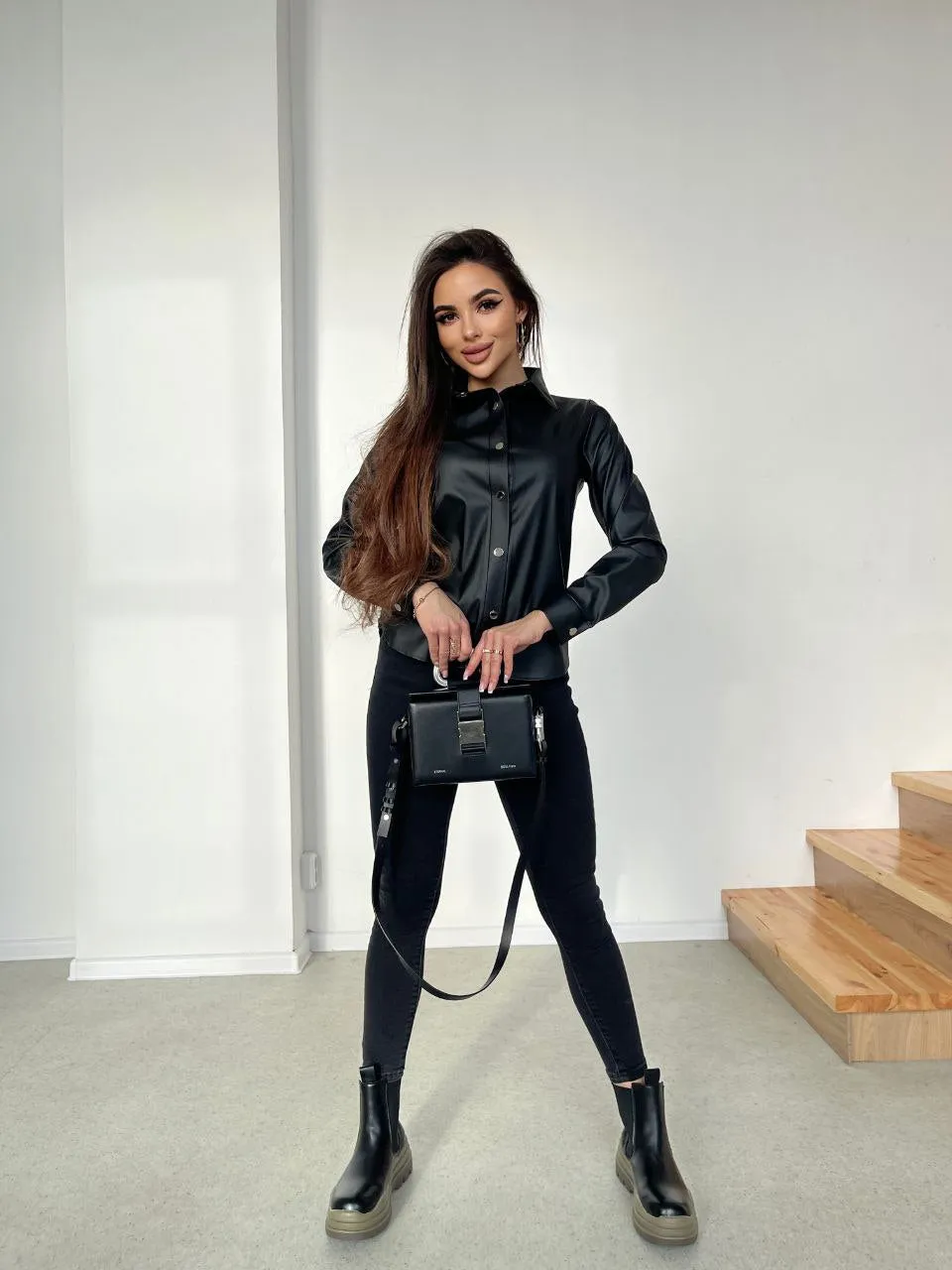 Women's Eco Leather Shirt Black Stylish Women Clothing