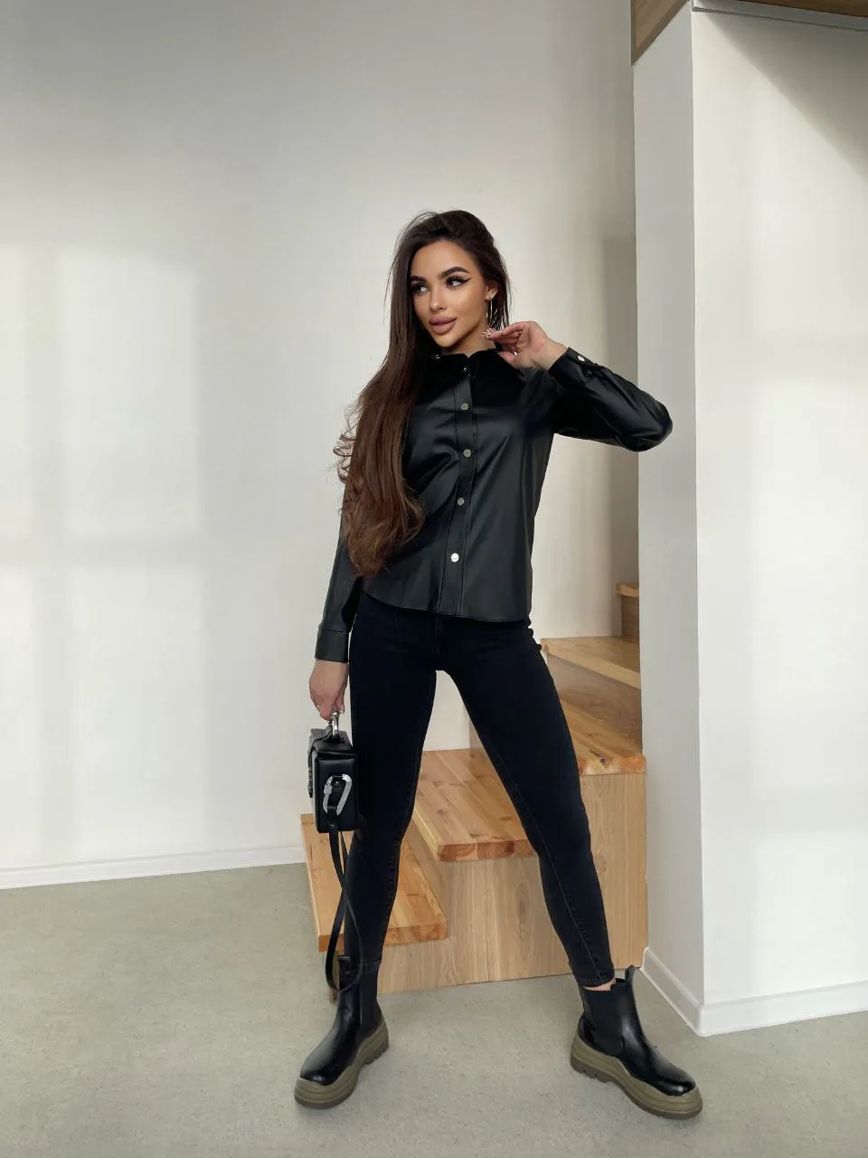 Women's Eco Leather Shirt Black Stylish Women Clothing