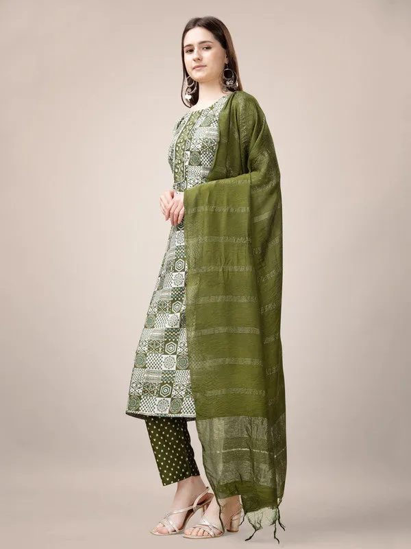 Womens Embroidered & Printed Mehendi Rayon Kurta Pant Set