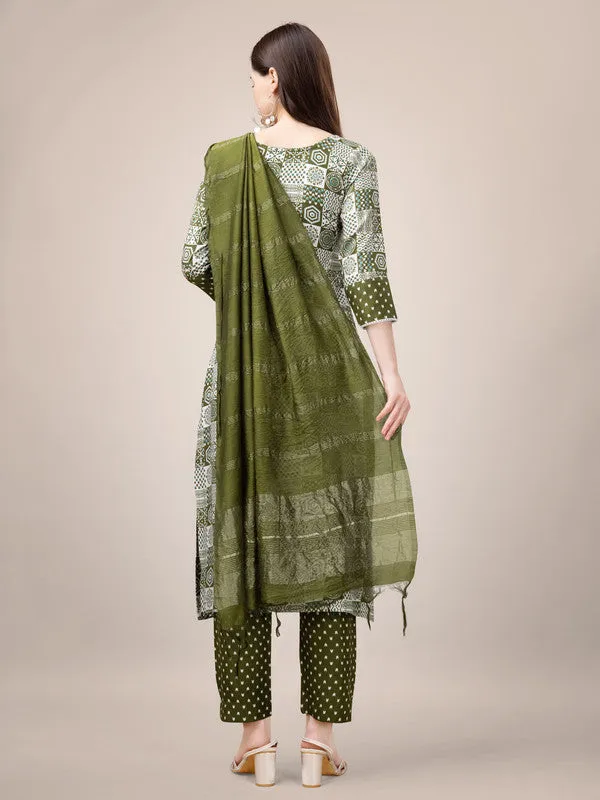 Womens Embroidered & Printed Mehendi Rayon Kurta Pant Set