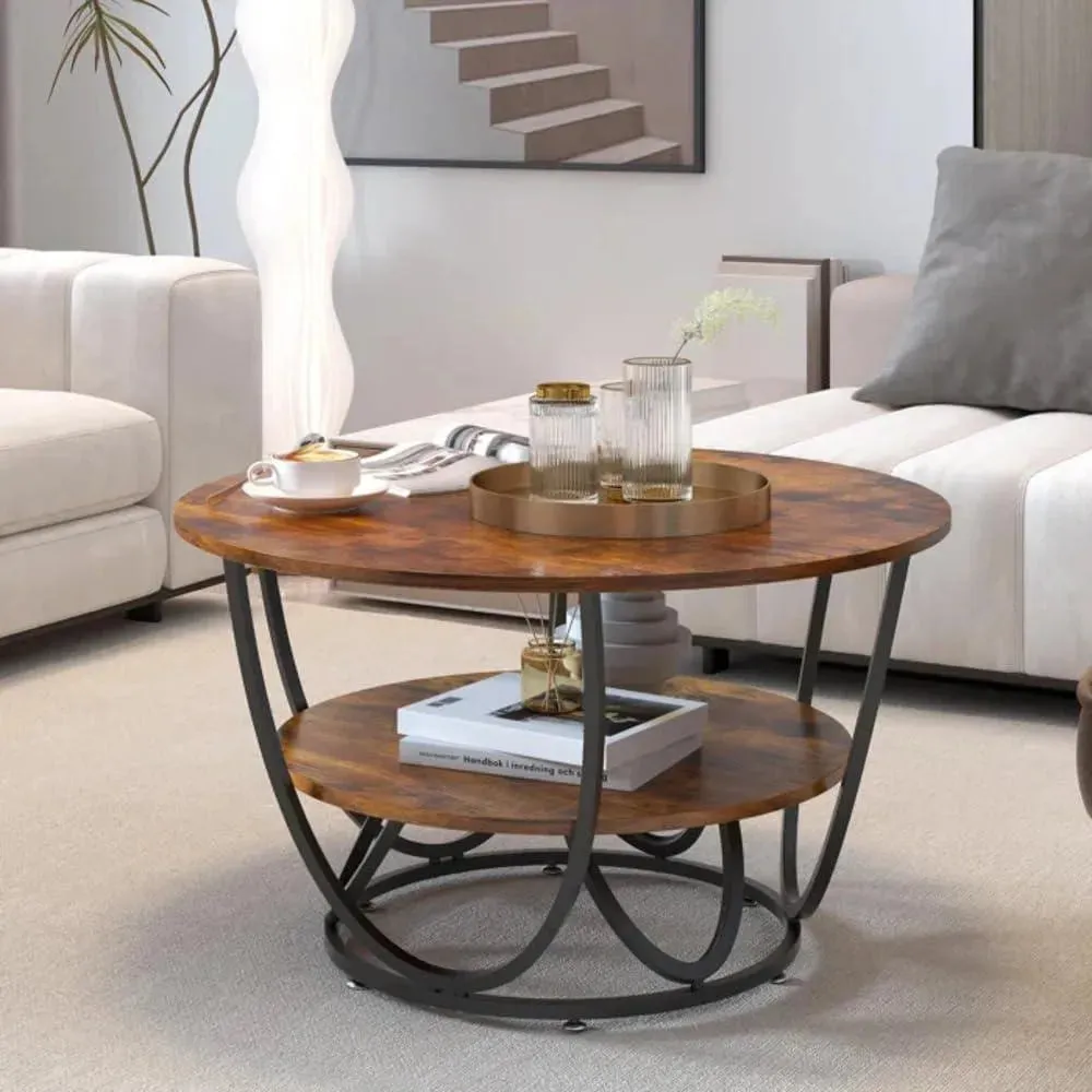 Wooden Twist Round Coffee Table with Marble Top Like Finish Stylish 2-Tier Design