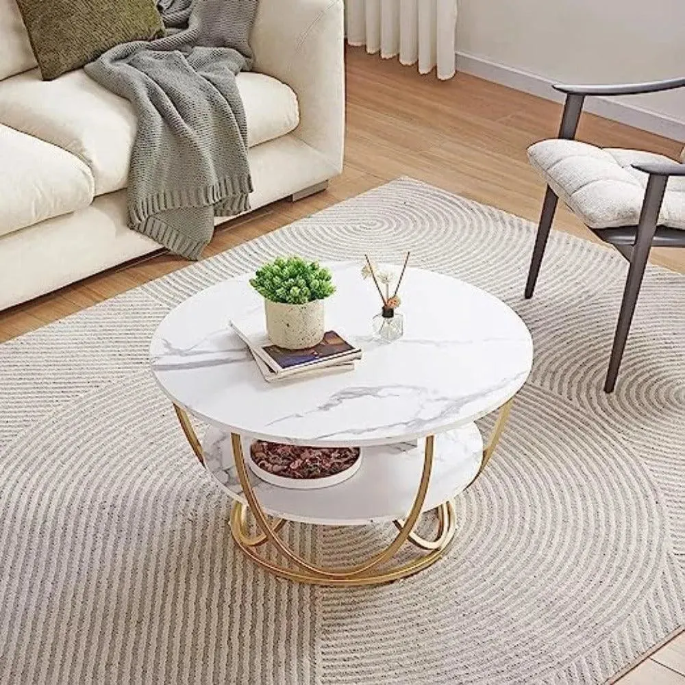 Wooden Twist Round Coffee Table with Marble Top Like Finish Stylish 2-Tier Design