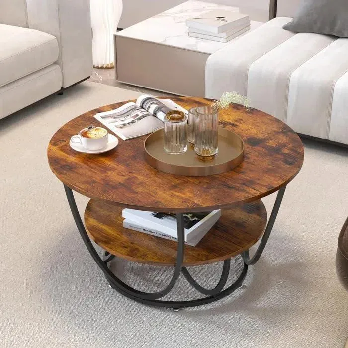 Wooden Twist Round Coffee Table with Marble Top Like Finish Stylish 2-Tier Design