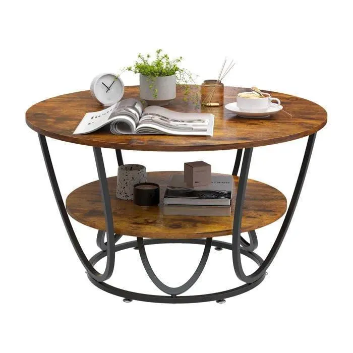 Wooden Twist Round Coffee Table with Marble Top Like Finish Stylish 2-Tier Design
