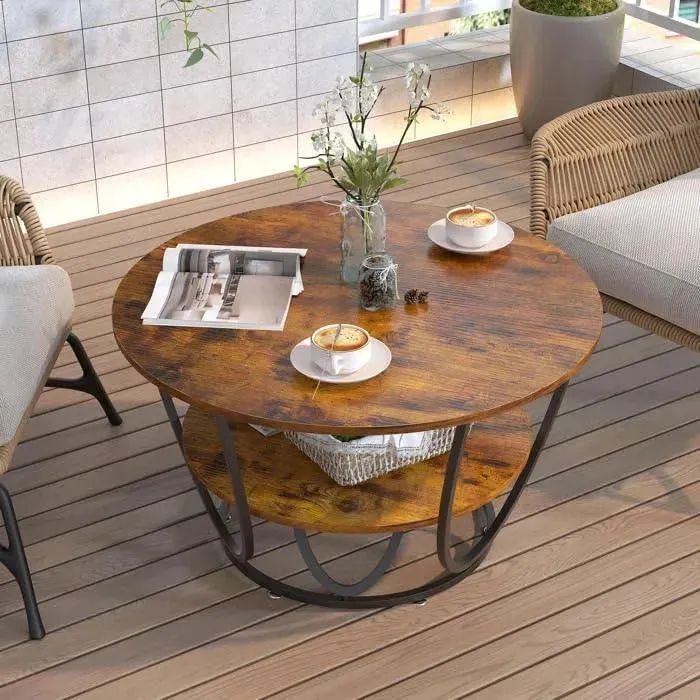 Wooden Twist Round Coffee Table with Marble Top Like Finish Stylish 2-Tier Design