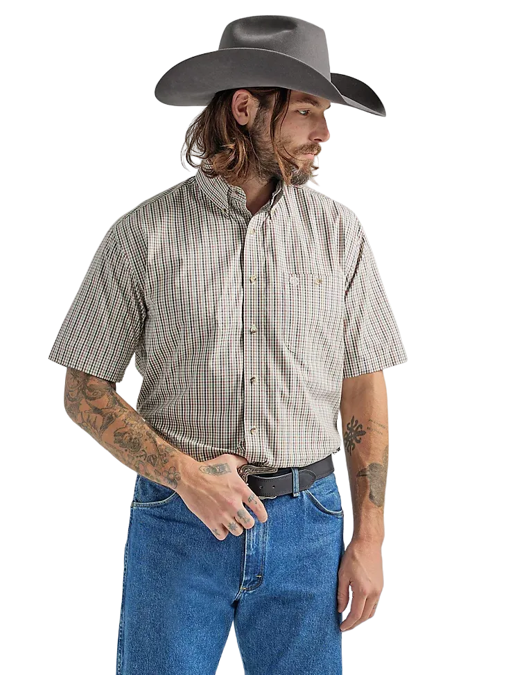 Wrangler Men's George Strait Plaid Pocket Olive Red Shirt - Big