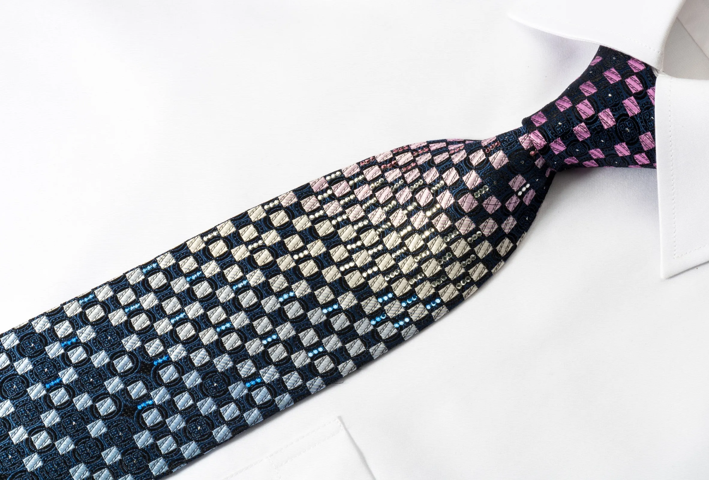 Yezak Silk Rhinestone Necktie Pink Silver Checker On Blue With Sparkles