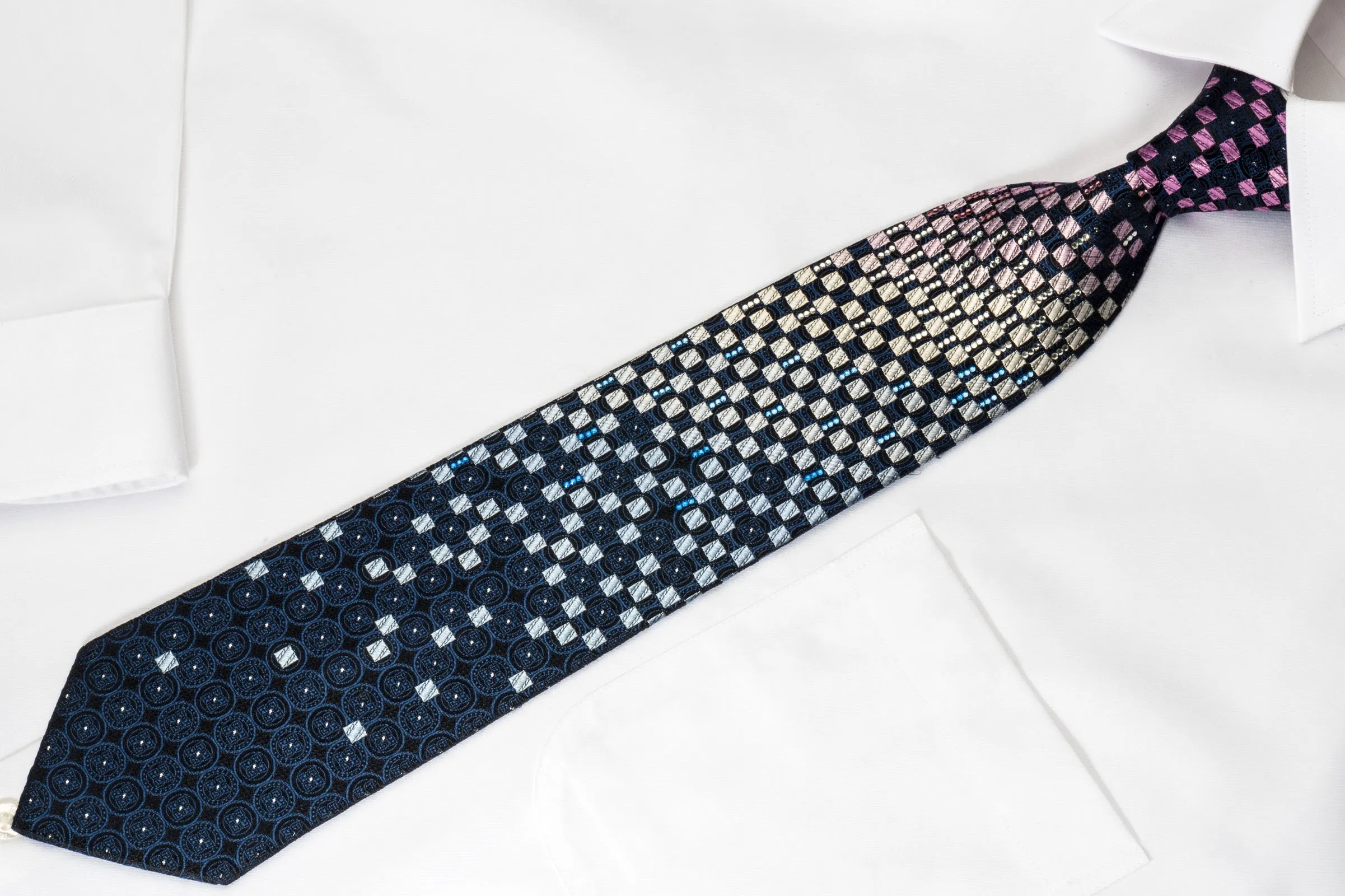 Yezak Silk Rhinestone Necktie Pink Silver Checker On Blue With Sparkles