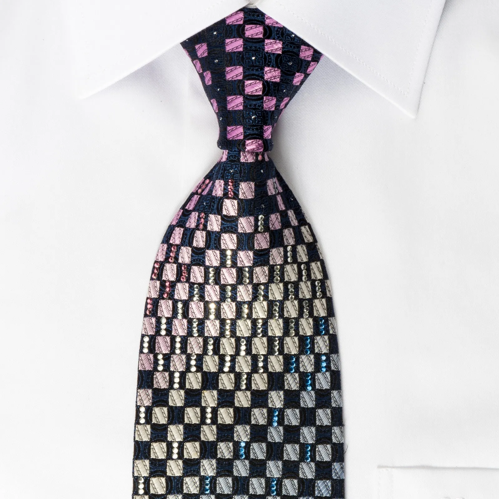 Yezak Silk Rhinestone Necktie Pink Silver Checker On Blue With Sparkles